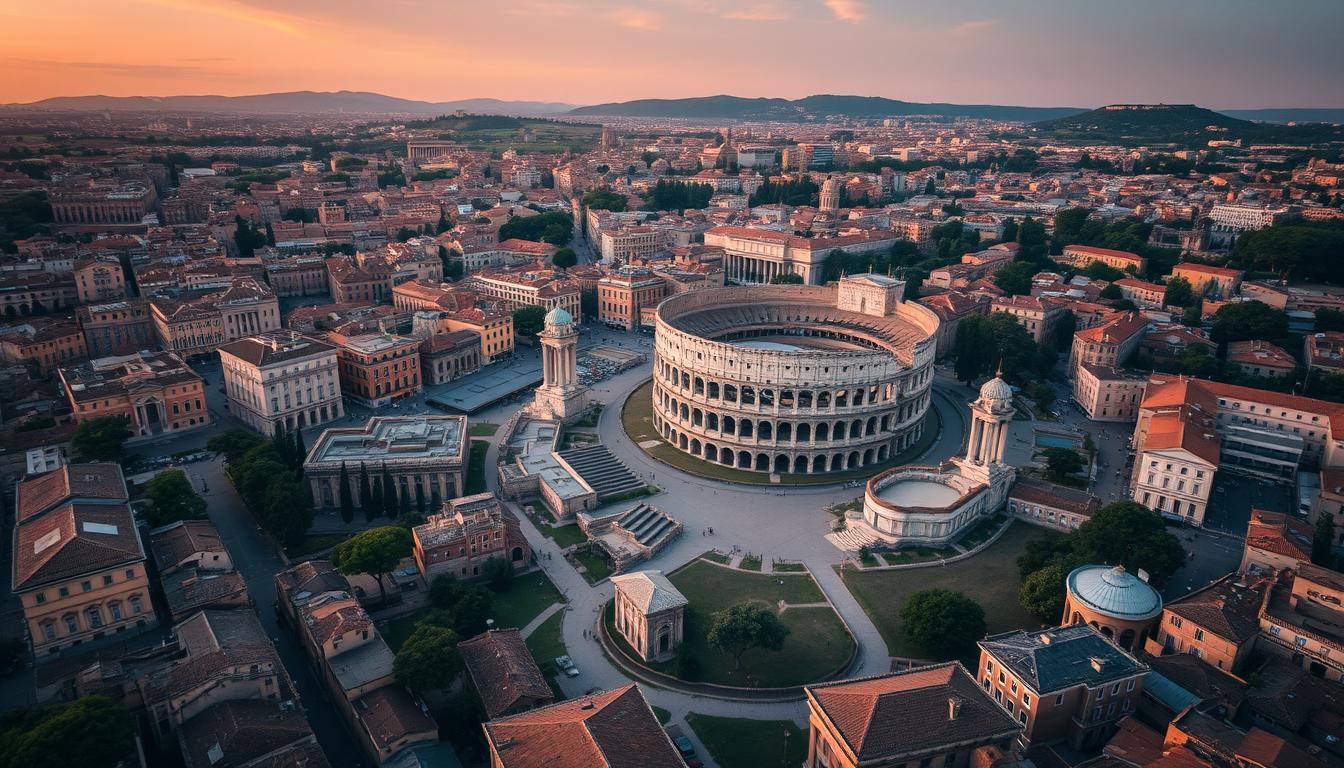 Aerial view of Rome showing the Colosseum and Roman Forum, one of the best places to visit in Italy