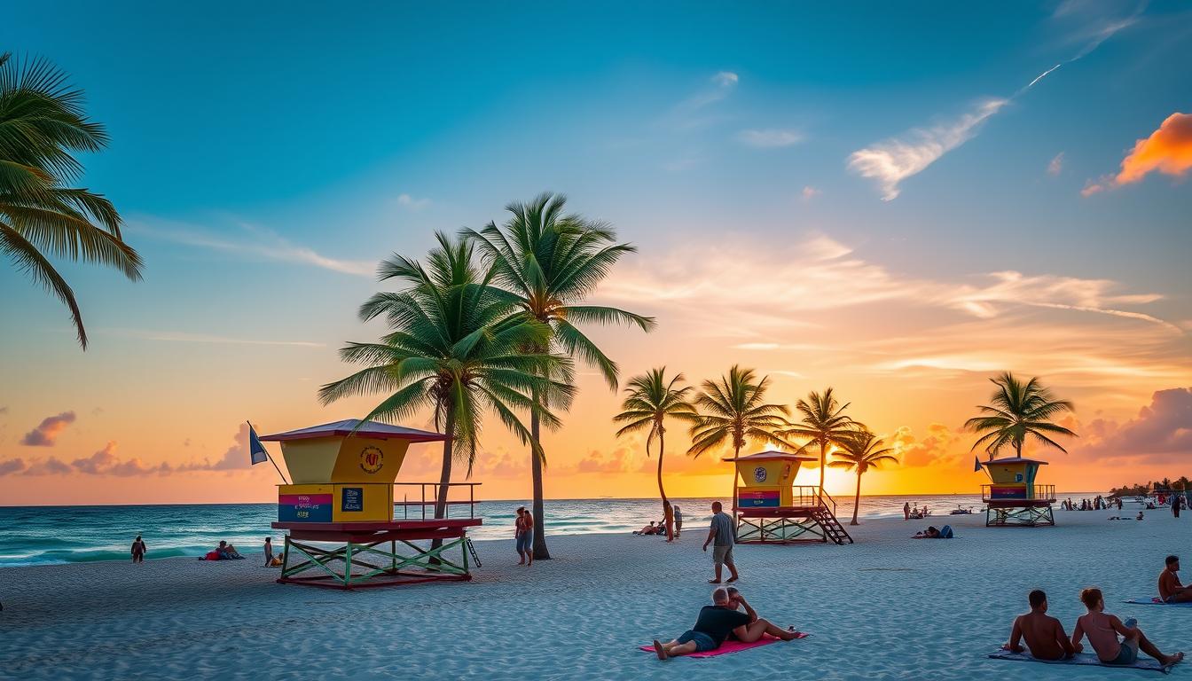Beautiful beach scene in Miami with palm trees and colorful lifeguard towers, one of the best places to visit in the United States