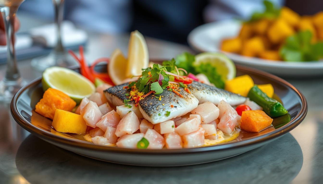 Beautifully plated Peruvian ceviche with traditional accompaniments in a high-end Lima restaurant