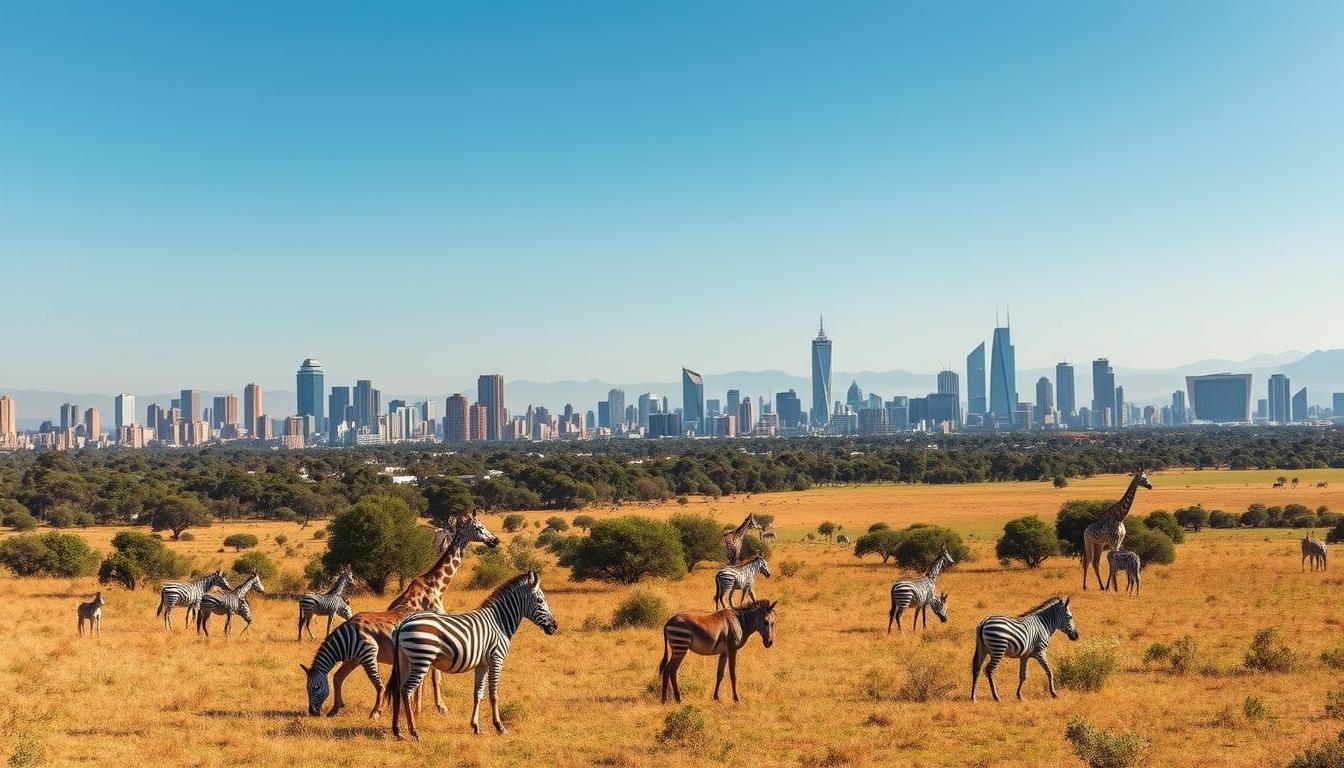 Nairobi skyline with Nairobi National Park in the foreground, showcasing one of the best places to visit in Kenya
