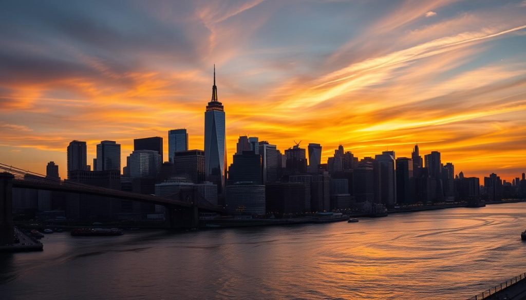 Manhattan skyline at sunset, New York, United States