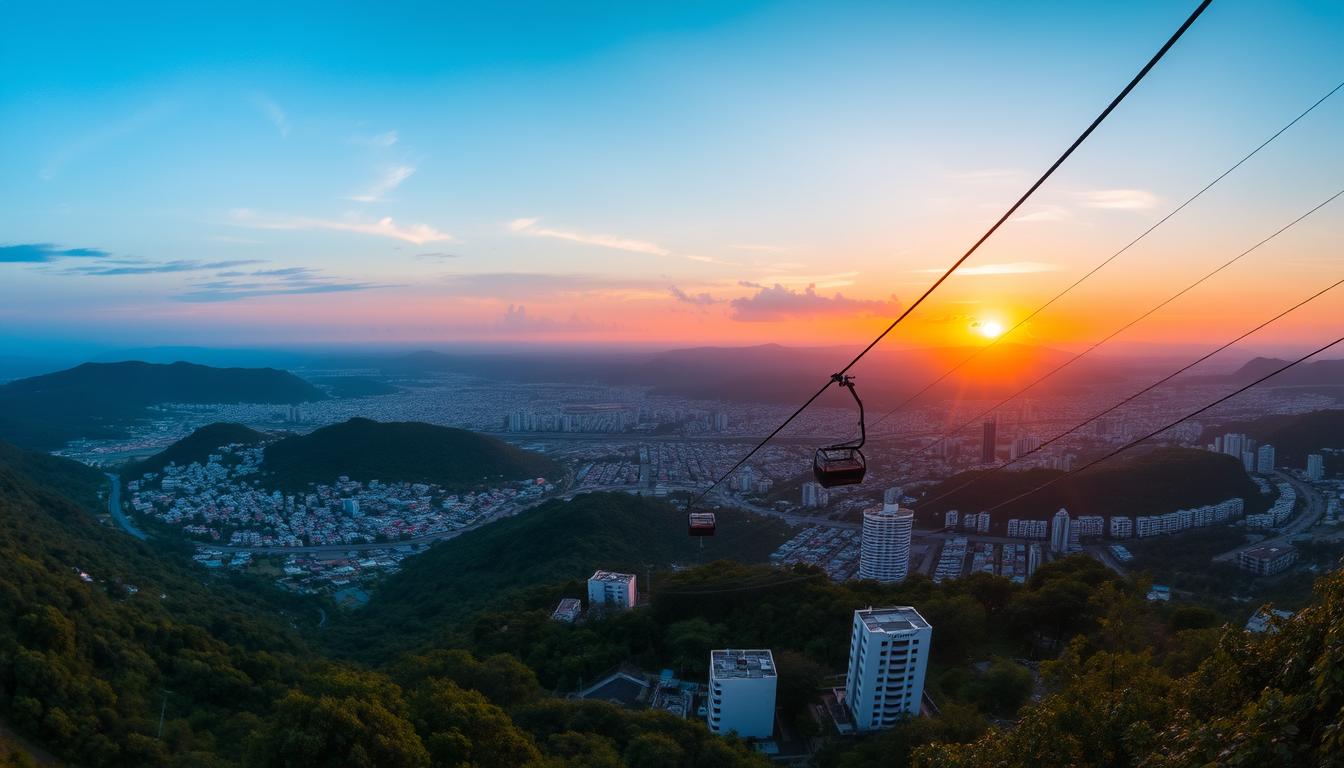 Panoramic view of Medellín with cable cars and mountains