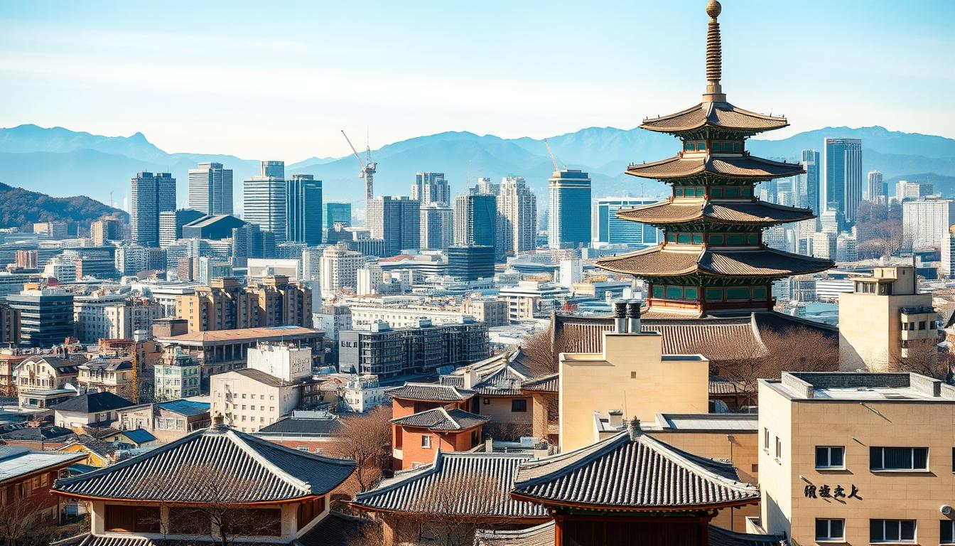 Scenic view of Seoul skyline with N Seoul Tower and traditional Korean buildings
