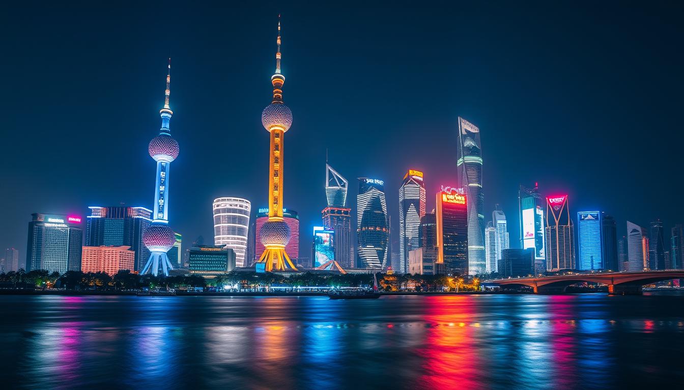 Shanghai skyline at night with the Oriental Pearl Tower