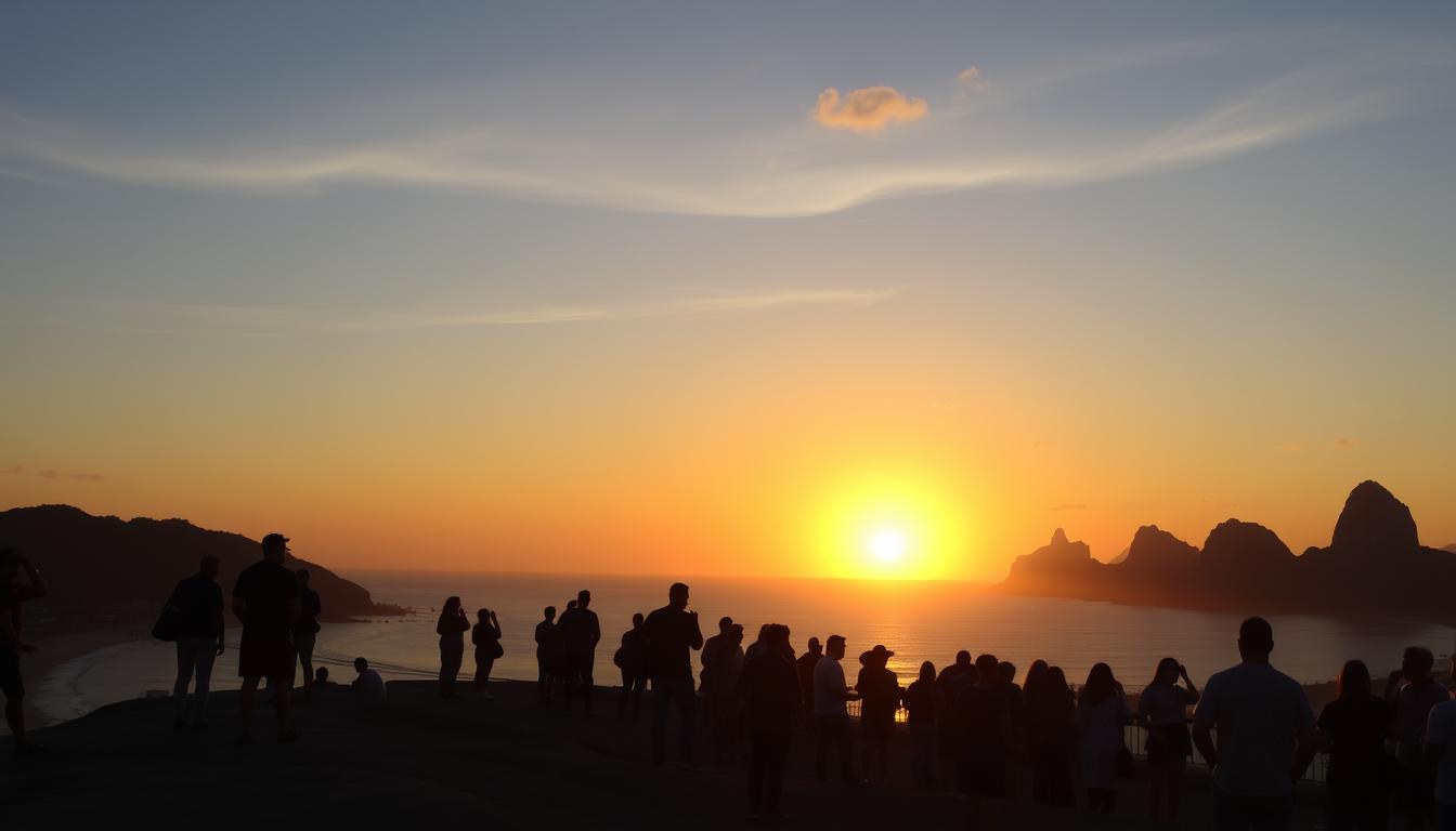 Sunset view of people gathering at Arpoador rock in Rio de Janeiro with Ipanema beach visible
