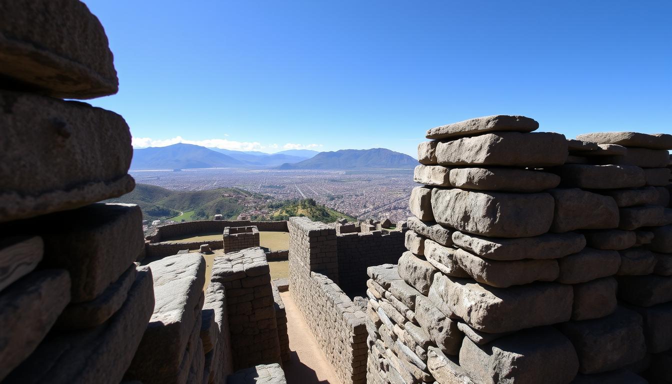 The massive stone walls of Sacsayhuamán fortress with a view of Cusco in the background