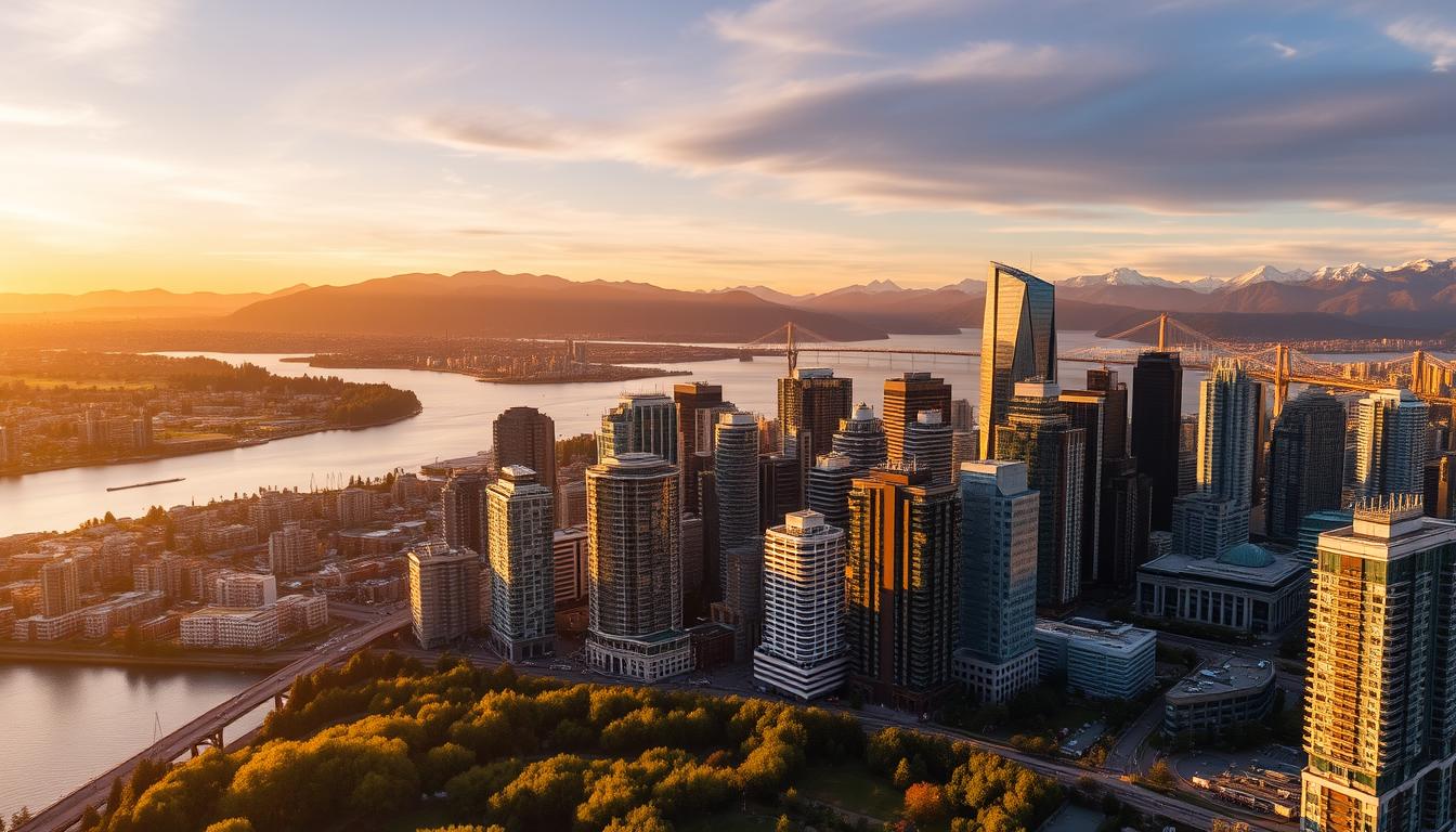 Vancouver skyline with mountains in the background, showcasing why it's among the best places to visit in Canada
