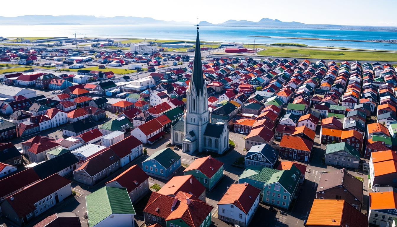 Aerial view of colorful Reykjavik with Hallgrímskirkja church visible in the center