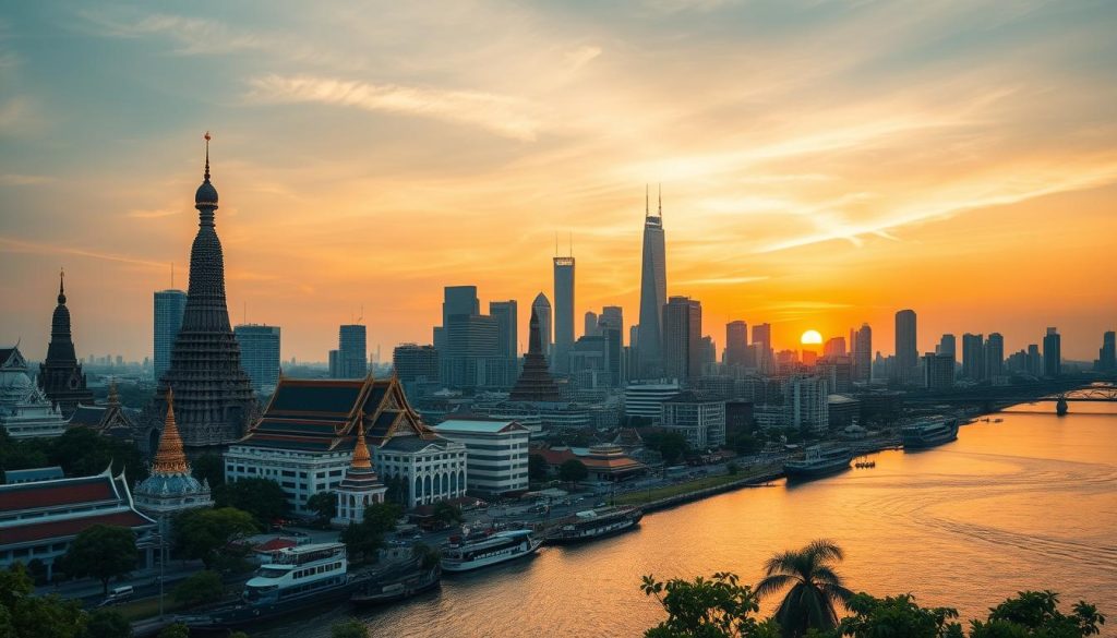 Temples and skyline, Bangkok, Thailand