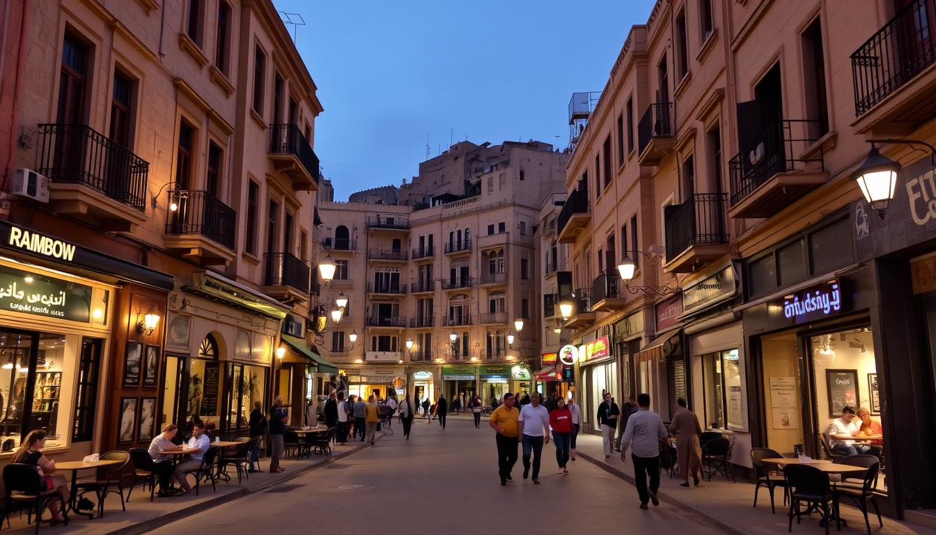 Evening scene on Rainbow Street in Amman with cafes and shops