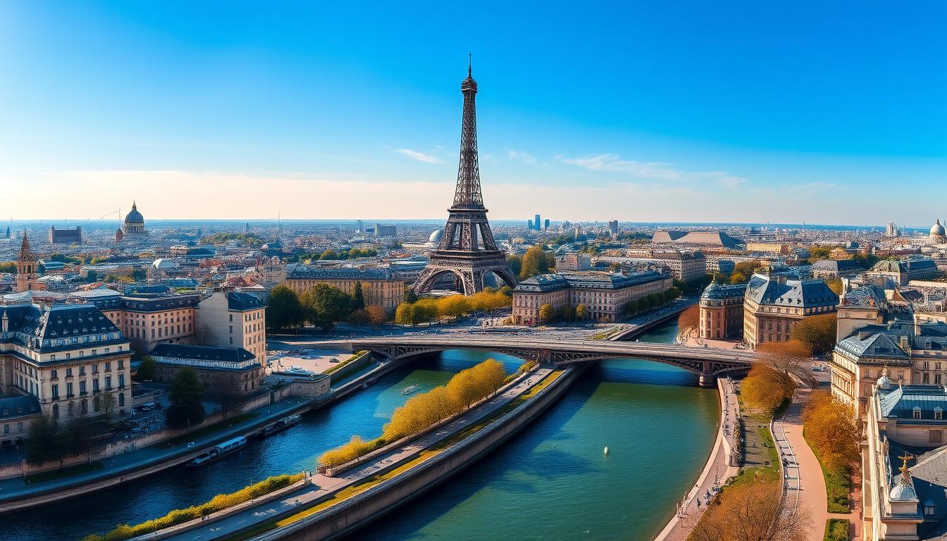 Panoramic view of Paris with the Eiffel Tower and Seine River, one of the best places to visit in France