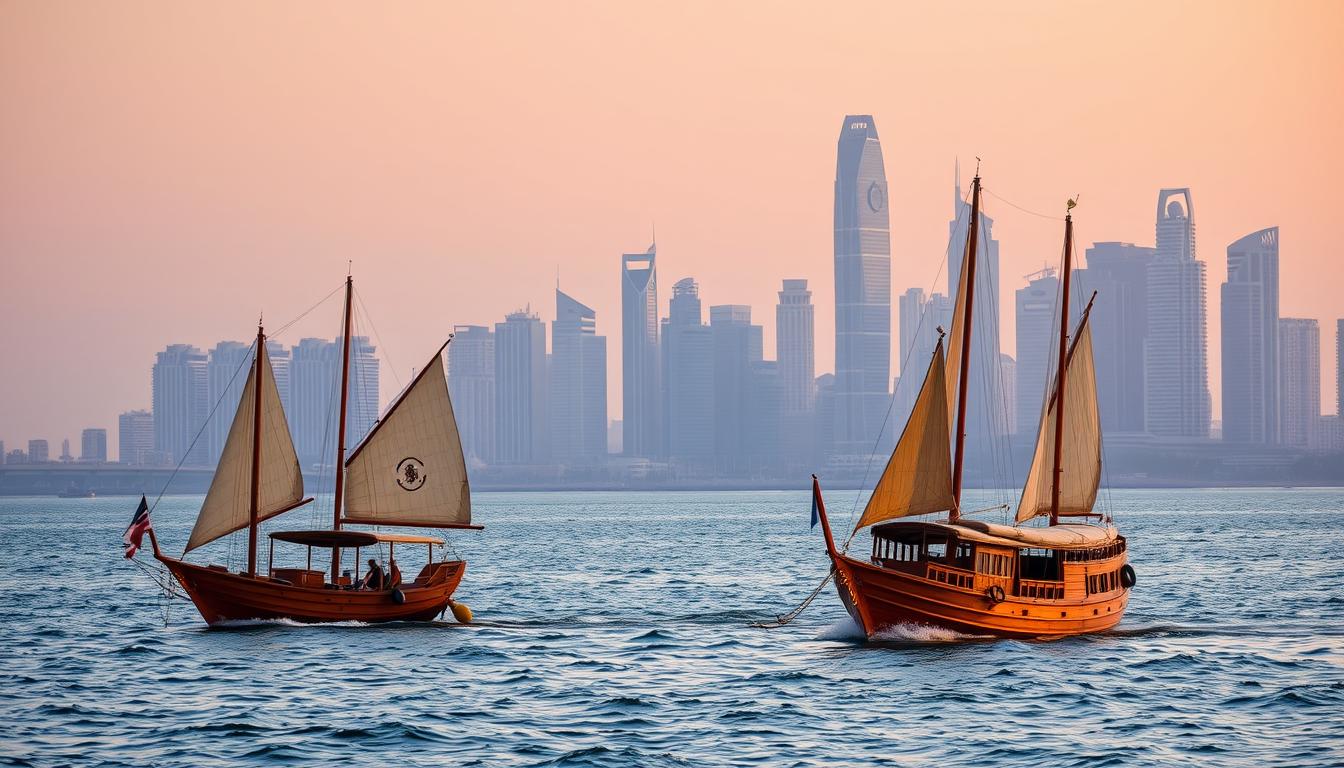 Traditional dhow boats sailing in Doha Bay with the city skyline in the background