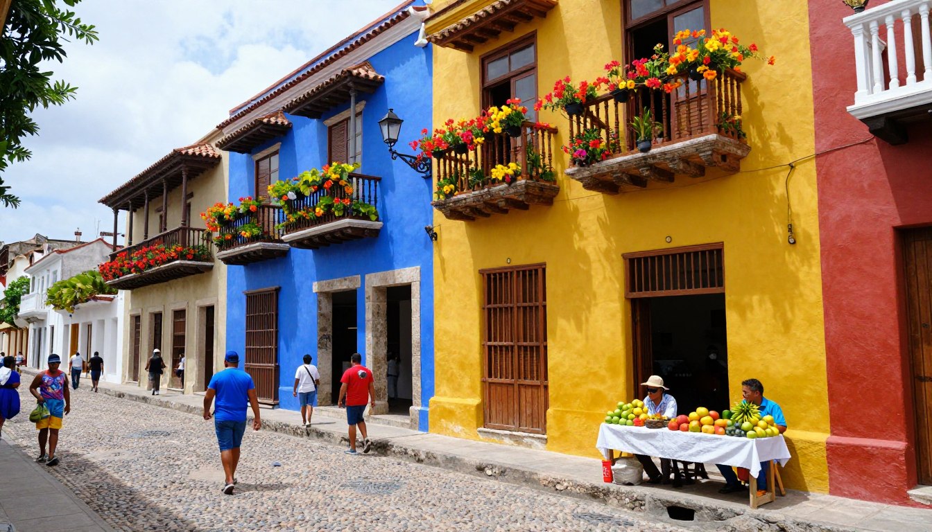 Vibrant street scene in Cartagena, Colombia with colorful colonial buildings
